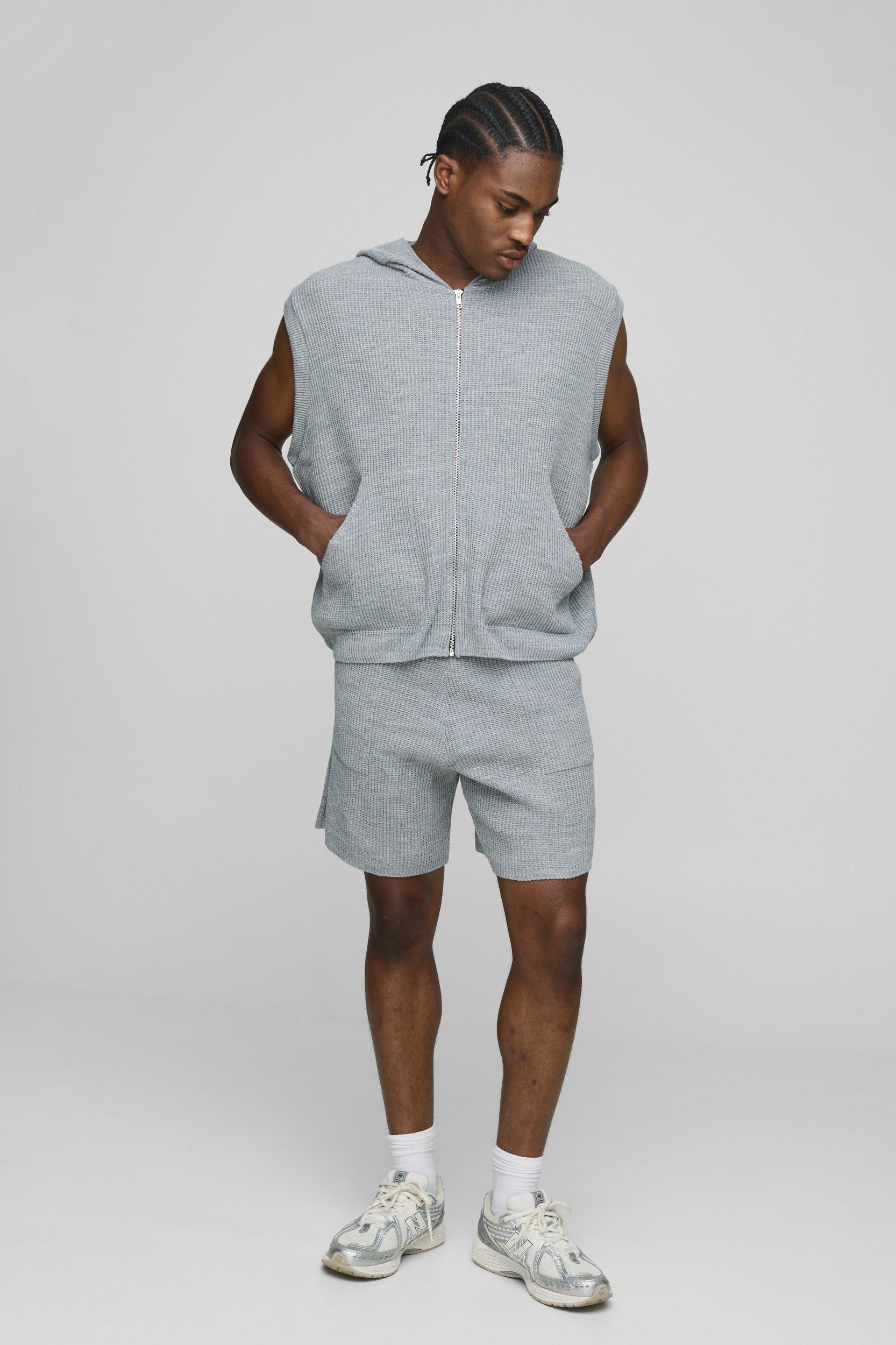Oversized Fit Ribbed Knitted Zip Through Hoodie and Shorts Set | boohooMAN USA Product Image