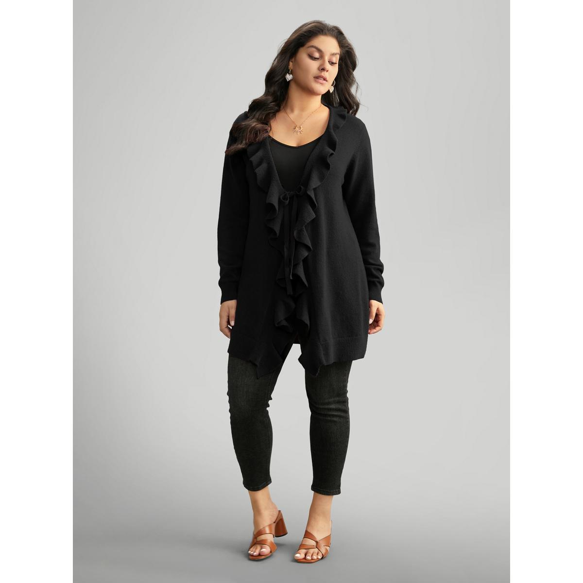 Plus Size Supersoft Essentials Solid Ruffle Trim Ties Cardigan Black Women Elegant Long Sleeve Everyday Cardigans BloomChic 22-24/3X Product Image