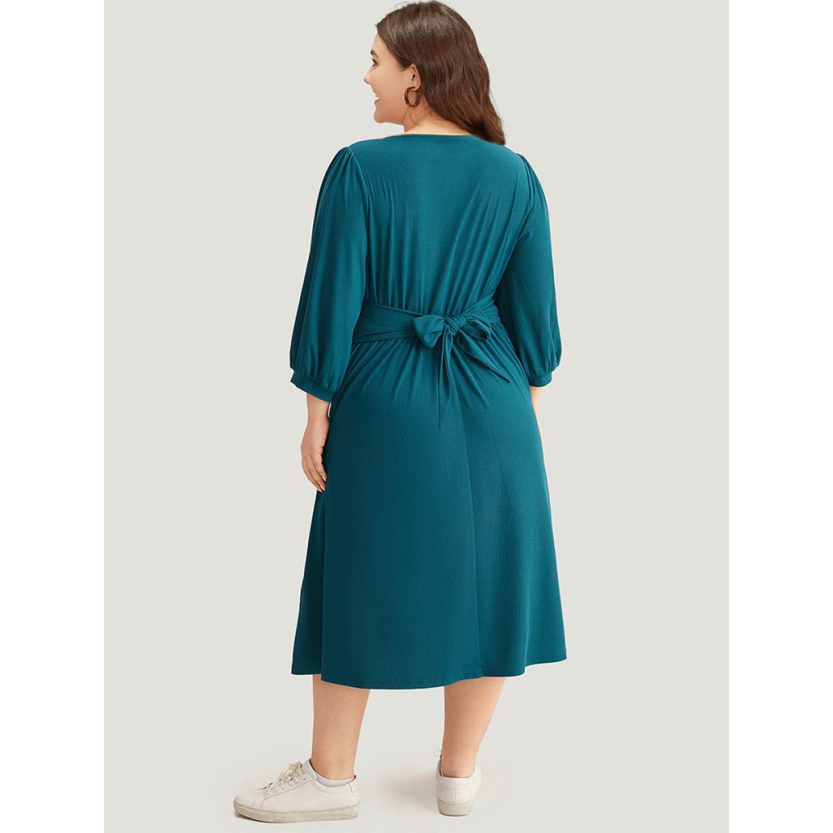 Plus Size Rib Knit Bowknot Ties Button Detail Gathered Dress Aegean Women Casual Plain V-neck Elbow-length sleeve Curvy Midi Dress BloomChic 14-16/1X Product Image