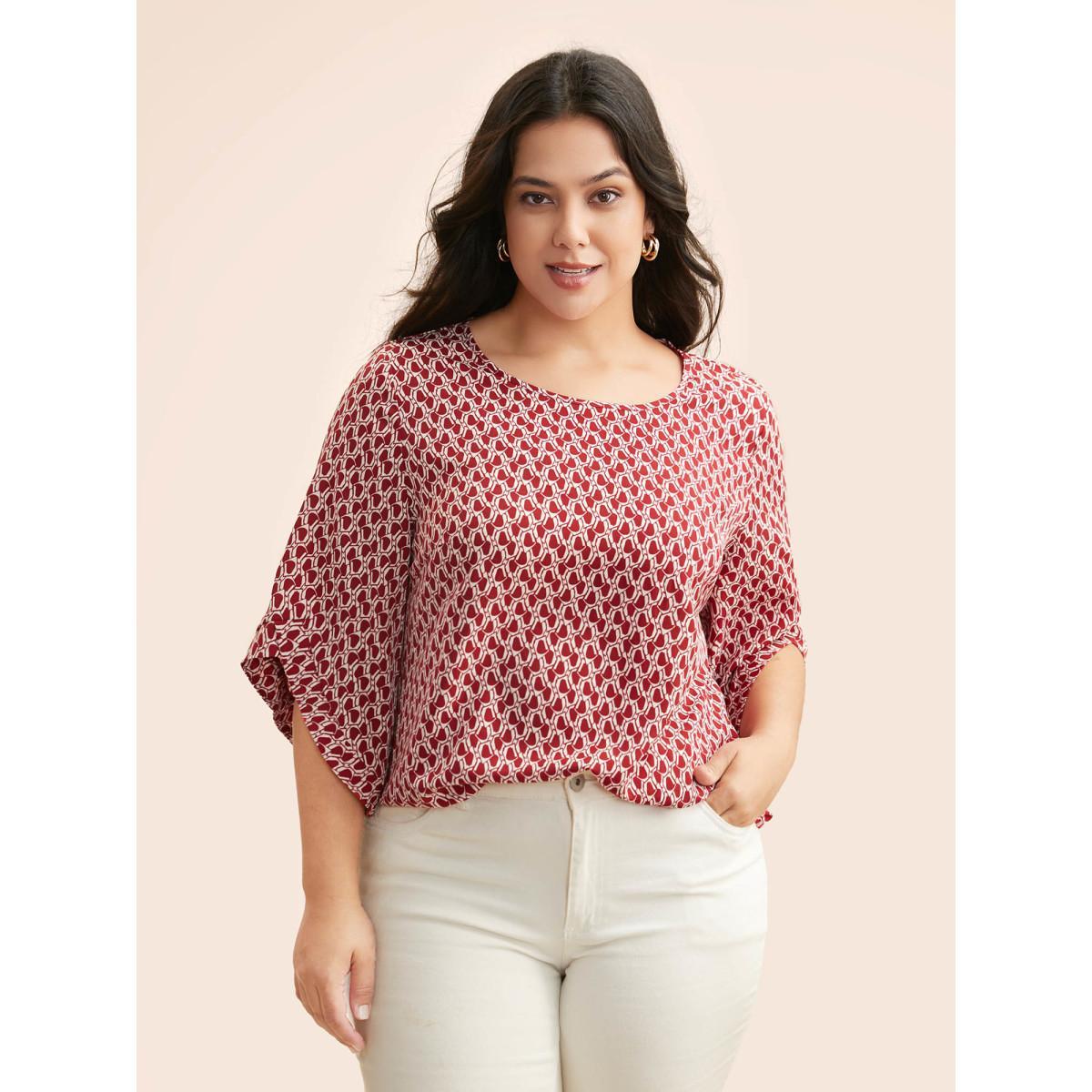 Plus Size Scarlet Geometric Round Neck Bell Sleeve Blouse Women At the Office Three Quater Length Sleeve Round Neck Work Blouses BloomChic 22-24/3X Product Image