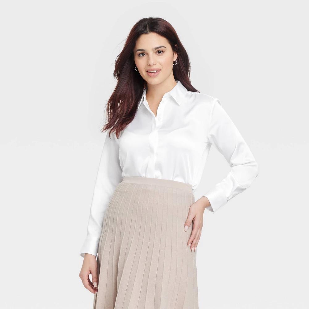 Women's Long Sleeve Collared Satin Button-Down Shirt - A New Day™ XXL: Relaxed Fit, Lightweight, Below Waist Product Image