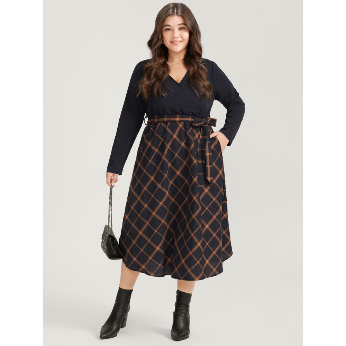Plus Size Plaid Patchwork Pocket Belted Surplice Neck Dress Indigo Women Elegant Belted V-neck Long Sleeve Curvy Midi Dress BloomChic 18-20/2X Product Image