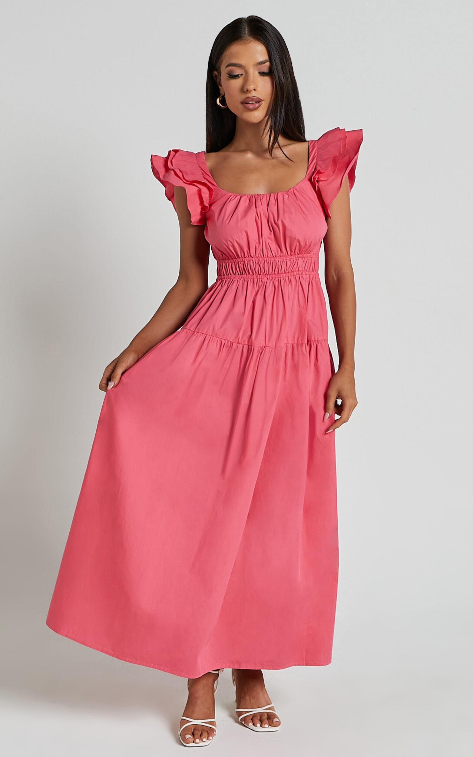 Arlene Midi Dress - Square Neck Shoulder Frill Tiered Dress in Berry Product Image