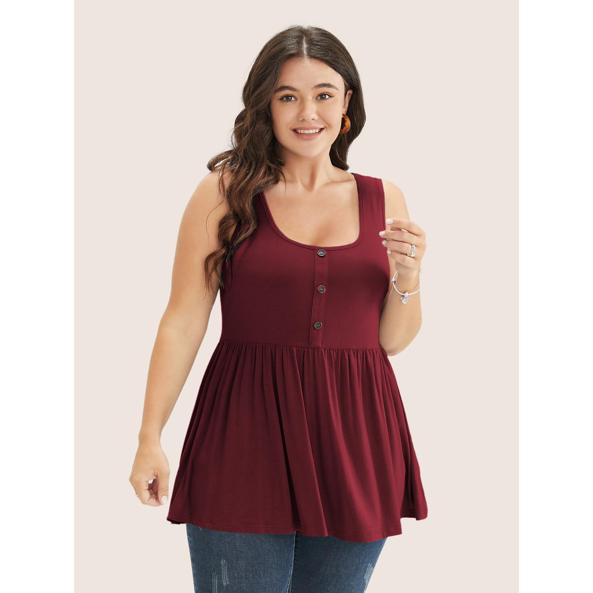 Plus Size Solid Square Neck Button Detail Ruffle Hem Tank Top Women Burgundy Casual Button Square Neck Everyday Tank Tops Camis BloomChic 18-20/2X Product Image