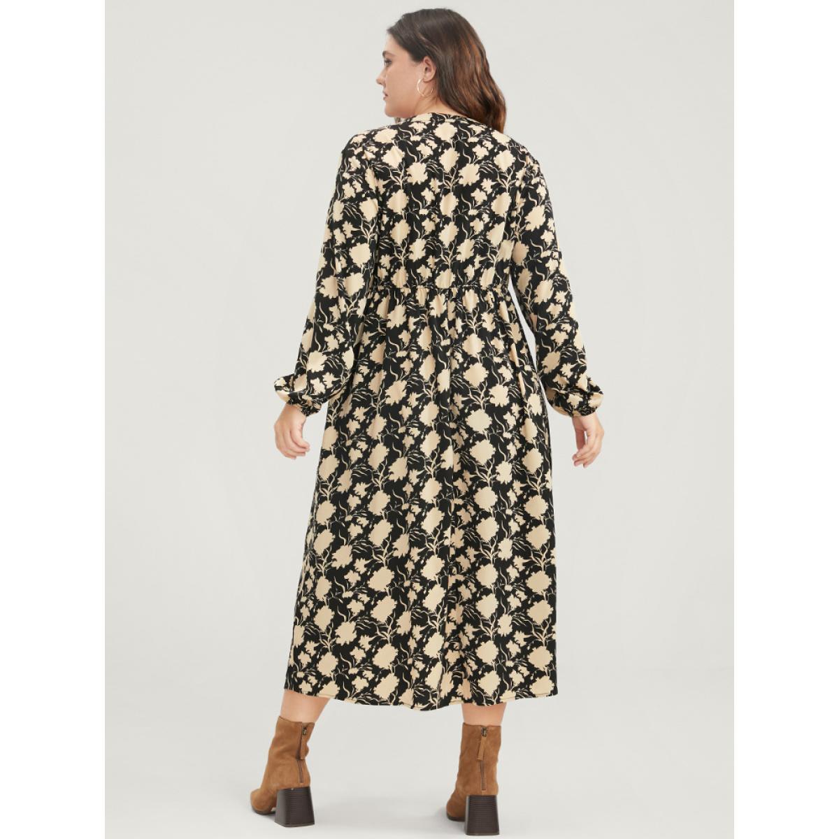 Plus Size Floral Lantern Sleeve Pocket V Neck Midi Dress Black Women Elegant Elastic Waist V-neck Long Sleeve Curvy Midi Dress BloomChic 14-16/1X Product Image