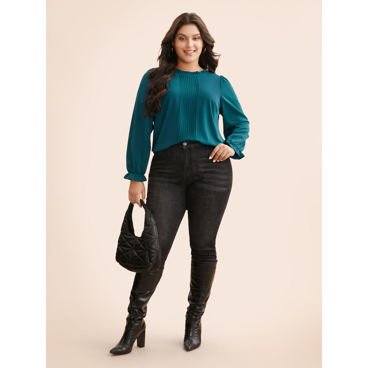 Plus Size Aegean Plain Pleated Lantern Sleeve Slit Hem Blouse Women At the Office Extra Long Sleeve Round Neck Work Blouses BloomChic 14-16/1X Product Image