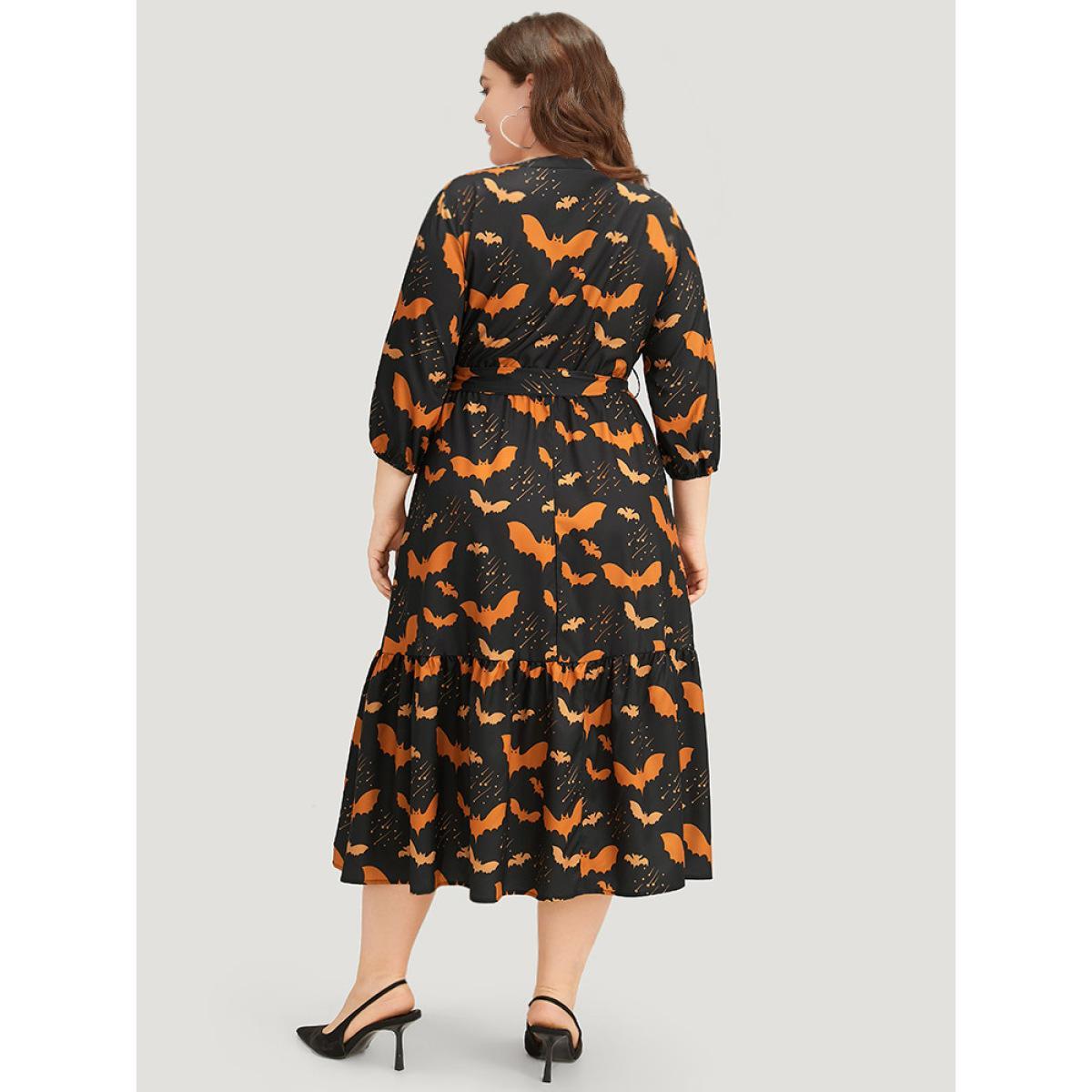 Plus Size Halloween Bat Print Notched Belted Pocket Dress Black Women Office Elastic cuffs Notched collar Elbow-length sleeve Curvy Midi Dress BloomChic 28/5X Product Image
