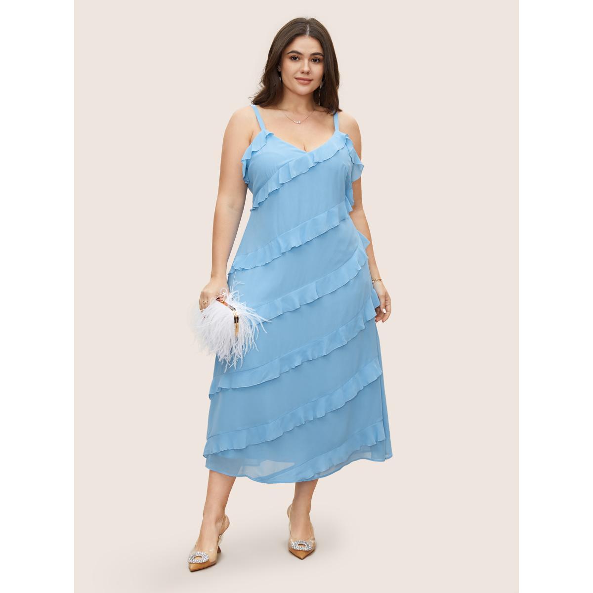 Plus Size V Neck Ruffle Trim Elastic Waist Cami Dress LightBlue Women Formal Ruffles Non Sleeveless Curvy BloomChic 30/6X Product Image