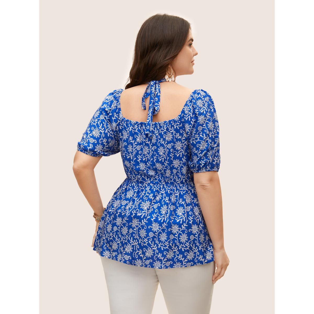 Plus Size Brightblue Bandana Print Notched Collar Lantern Sleeve Blouse Women Resort Short sleeve Notched collar Vacation Blouses BloomChic 14-16/1X Product Image