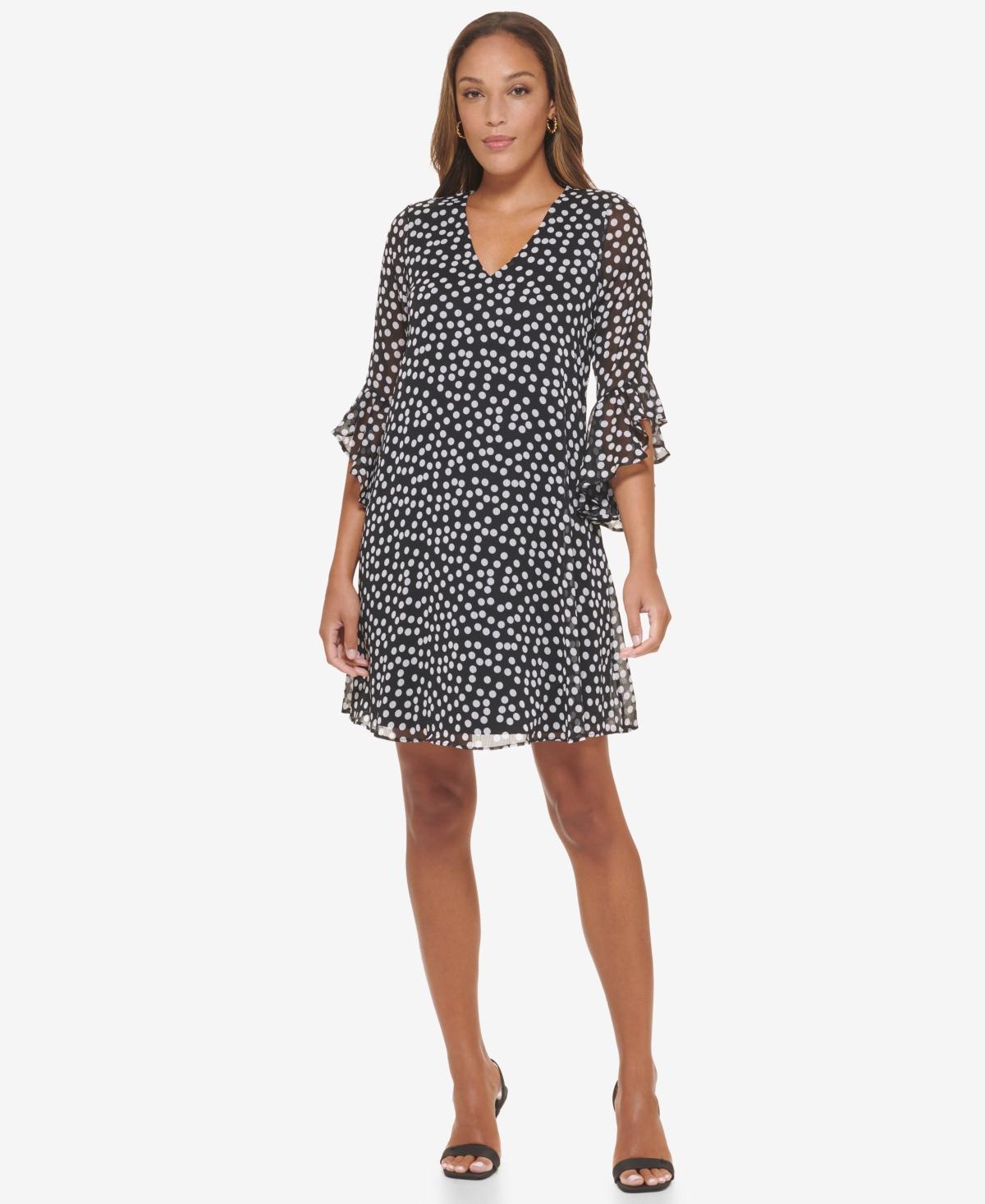 Calvin Klein Short Chiffon Dress with Bell Sleeves (Blk Cream) Women's Dress Product Image