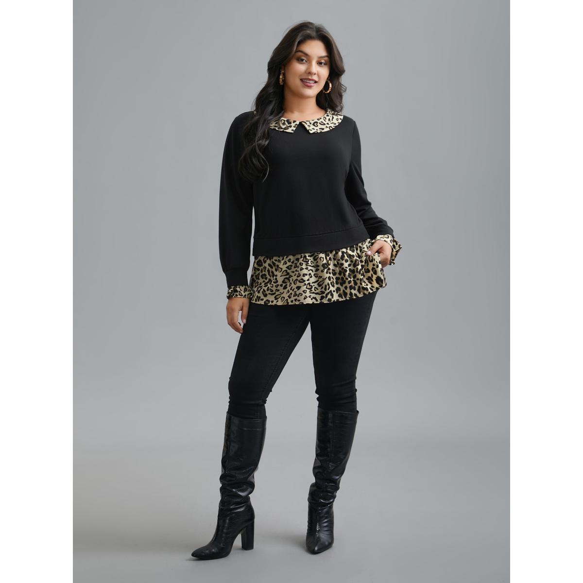 Plus Size Peter Pan Collar Leopard Print Patchwork Sweatshirt Women Black Elegant Contrast Peter Pan collar Everyday Sweatshirts BloomChic 22-24/3X Product Image