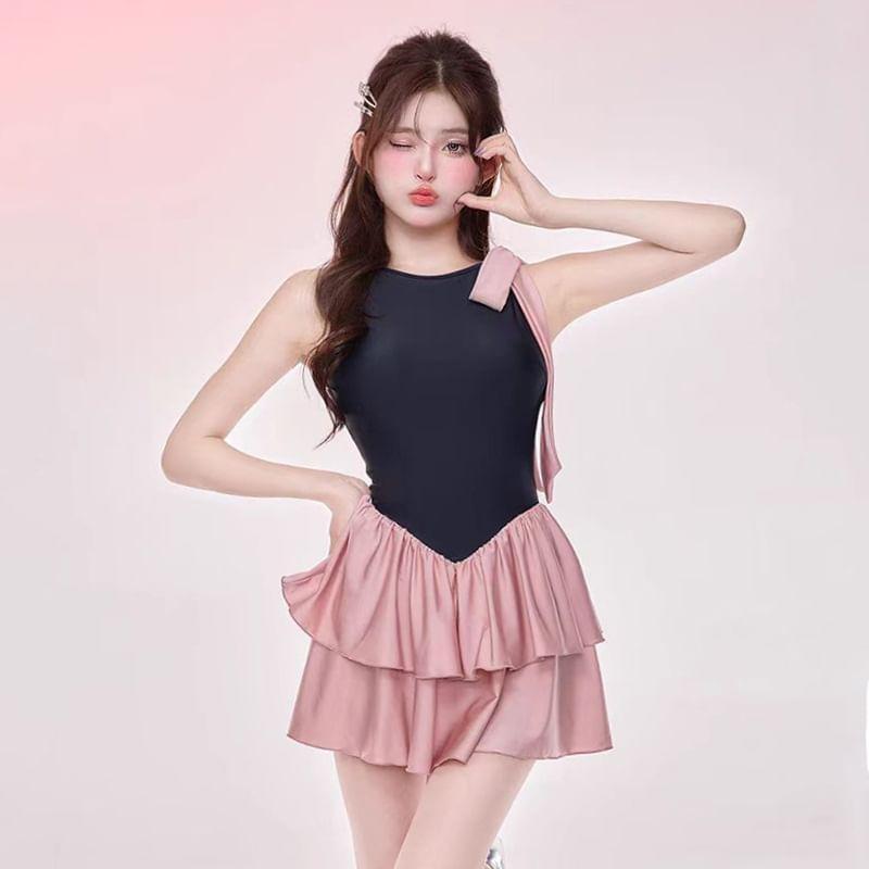Sleeveless Two Tone Bow Swim Dress Product Image