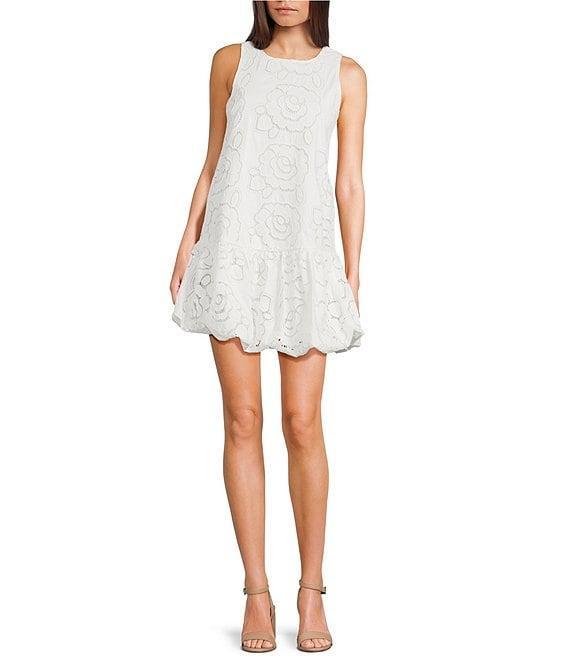 En Saison Chloe Floral Embroidered Crew Neckline Sleeveless Bubble Hem Mini Dress Product Image