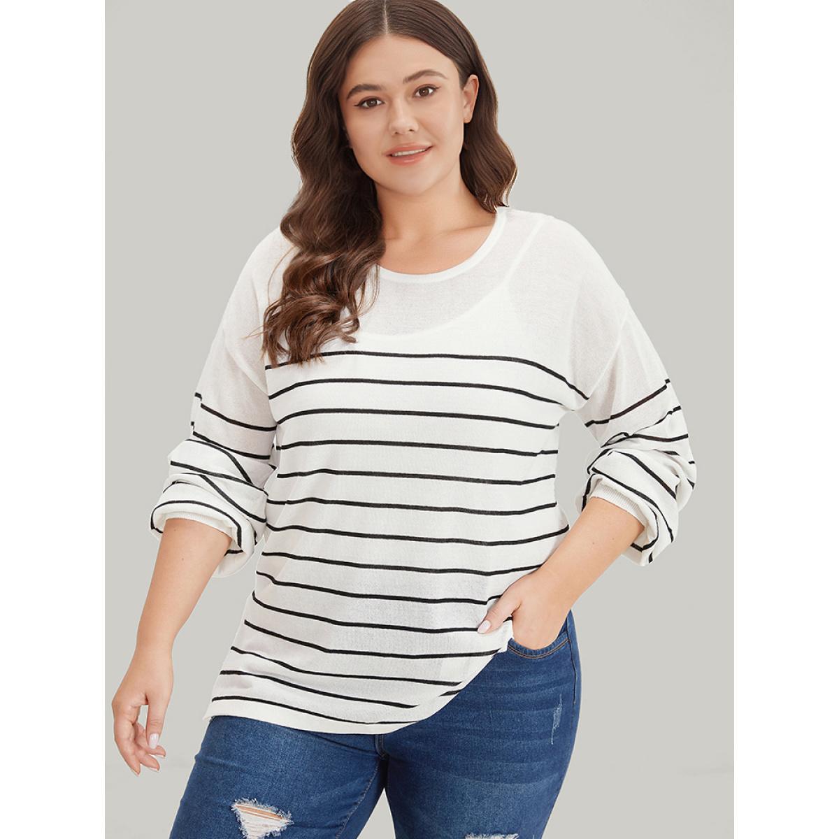 Plus Size Striped Split Side Lightweight Elastic Cuffs Pullover White Women Casual Loose Long Sleeve Round Neck Everyday Pullovers BloomChic 30/6X Product Image
