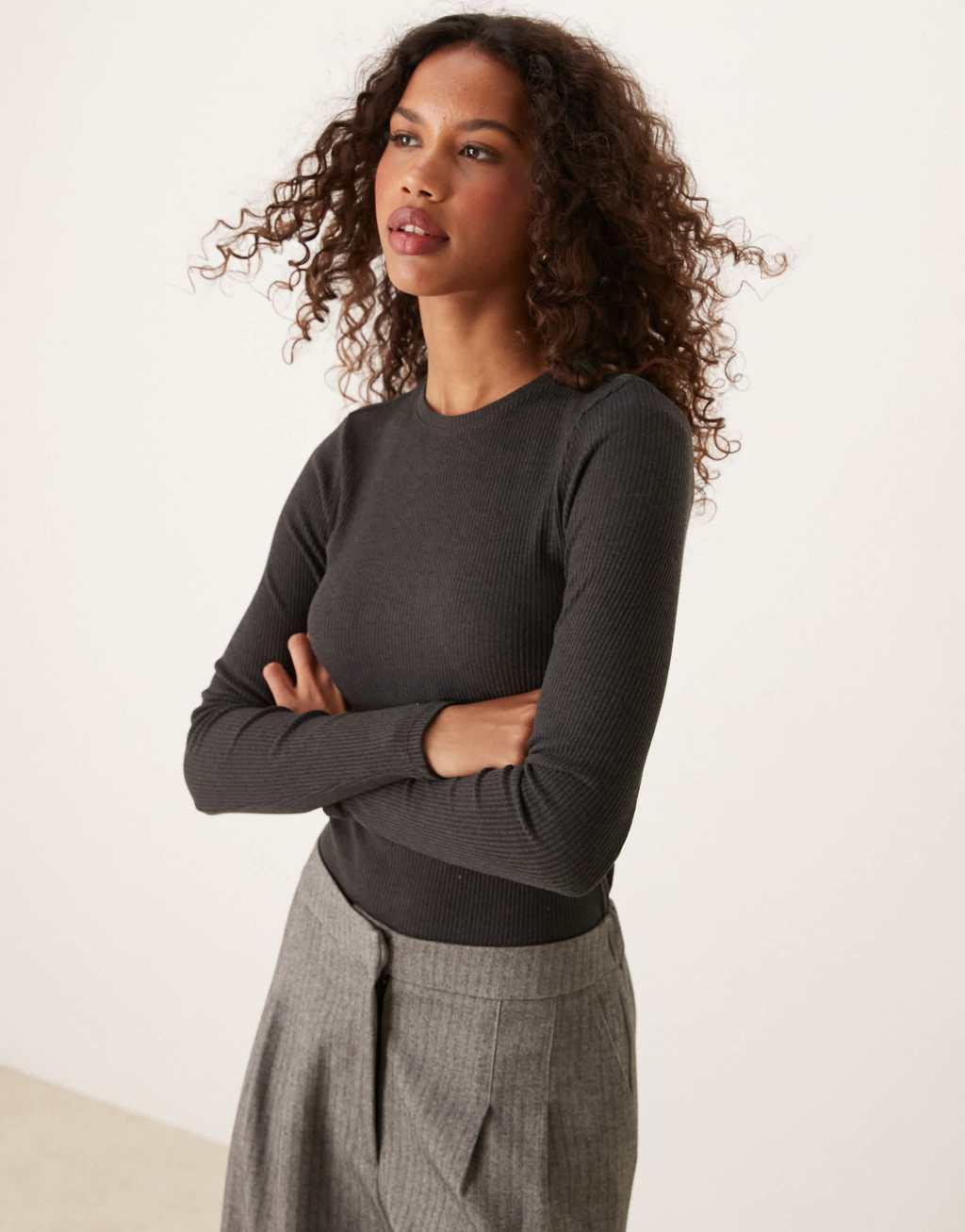 Mango long sleeve ribbed top in charcoal Product Image