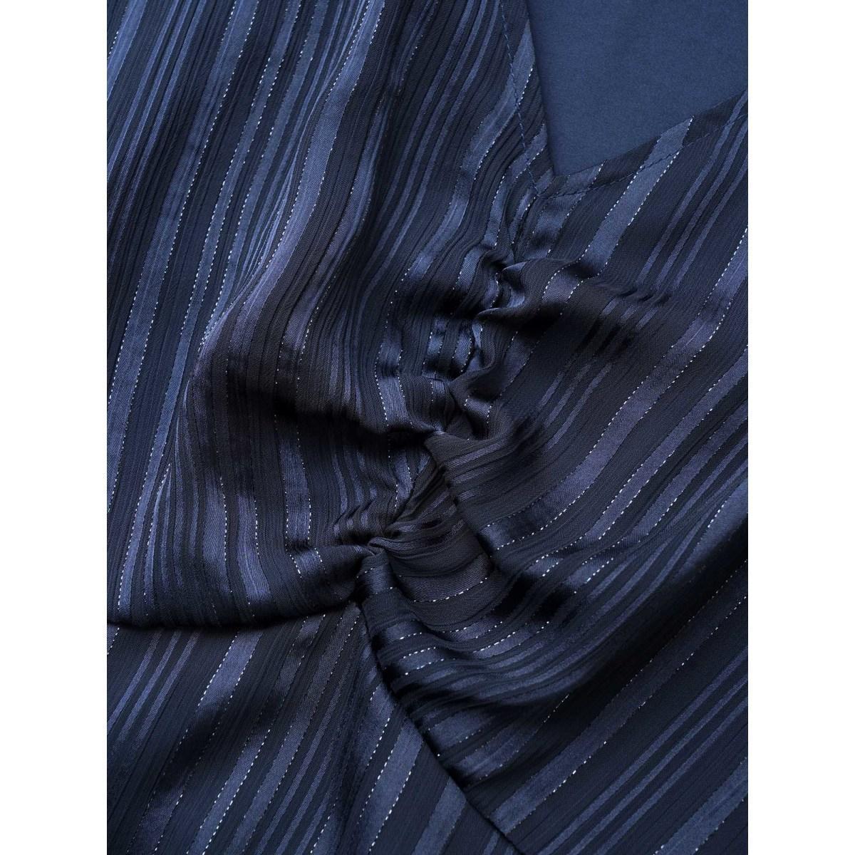 Plus Size Textured Chiffon Mesh Patchwork Ruched Dress Indigo Women At the Office Non V-neck Elbow-length sleeve Curvy Midi Dress BloomChic 22-24/3X Product Image
