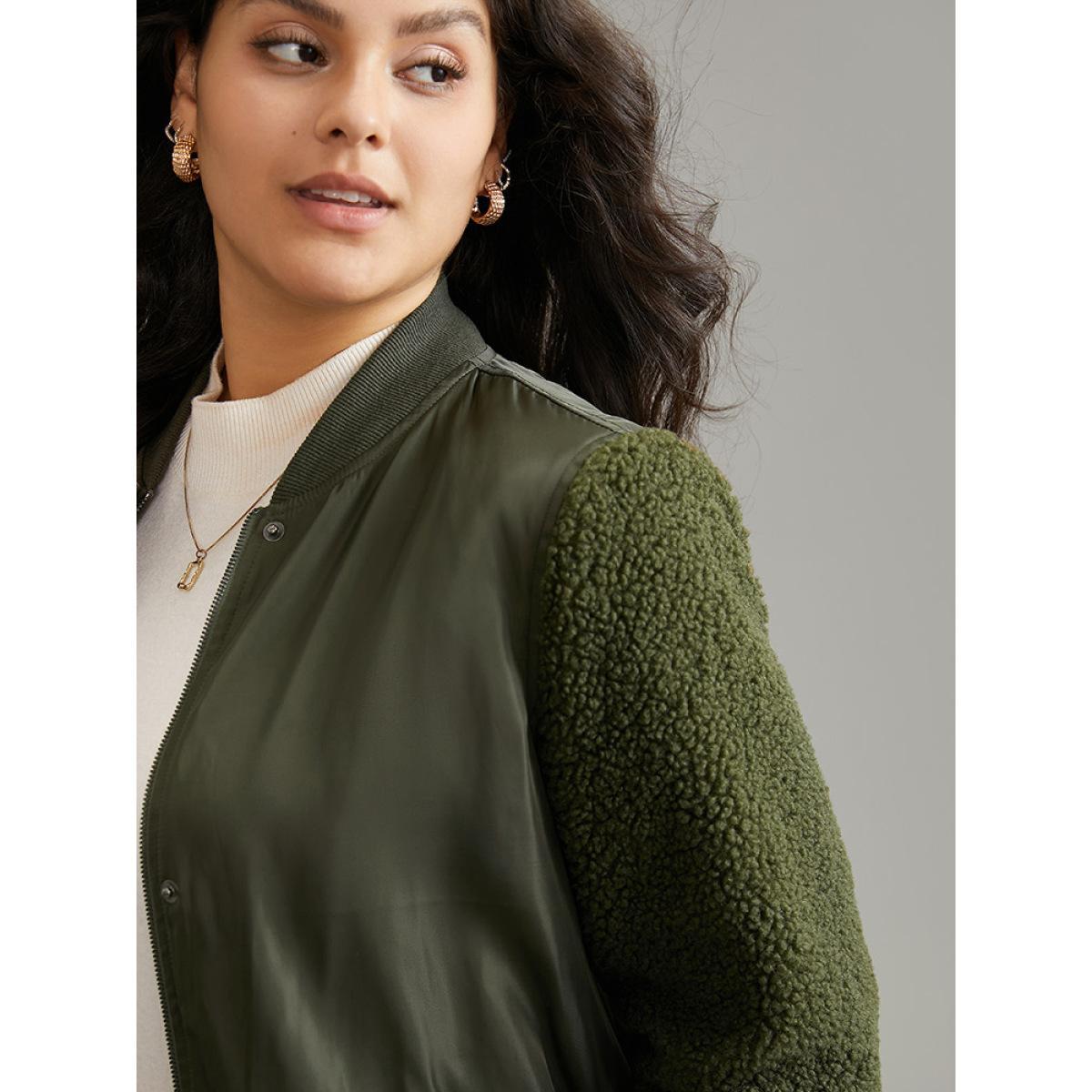 Plus Size Plain Fuzzy Patchwork Zipper Flap Pocket Jacket Women ArmyGreen Rib Knit Pocket Dailywear Jackets BloomChic 26/4X Product Image