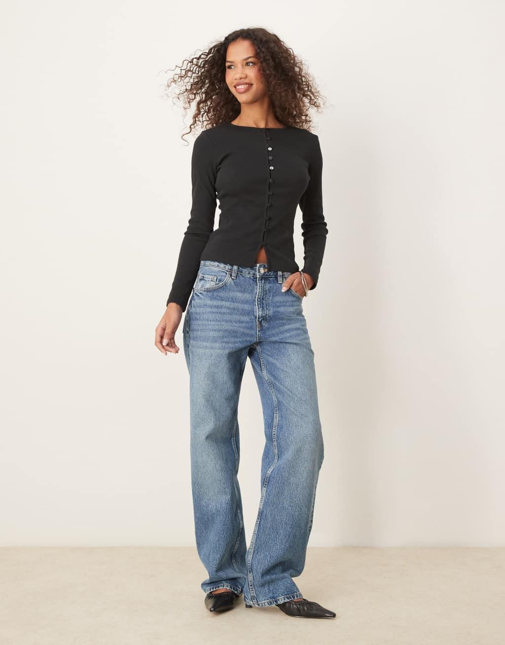 ASOS DESIGN button through mini rib cardigan in black Product Image