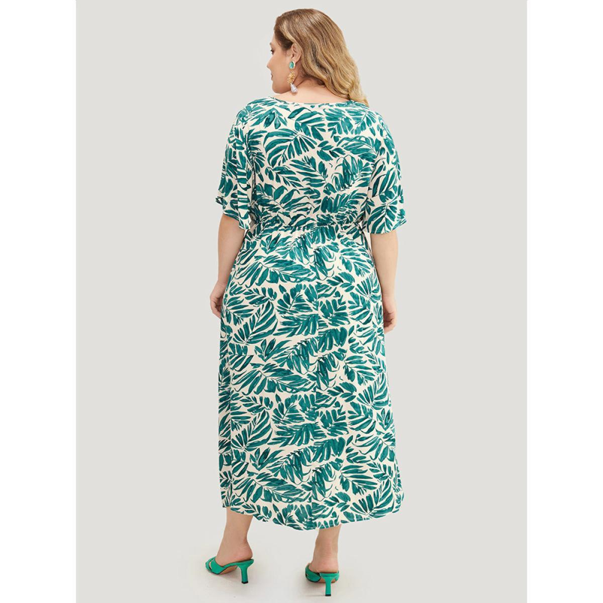 Plus Size Plant Print Flutter Sleeve Button Detail Pocket Dress Green Women Vacation Elastic Waist V-neck Short sleeve Curvy Midi Dress BloomChic 14-16/1X Product Image