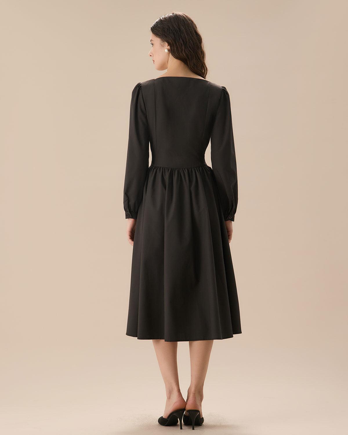Black Square Neck Puffed Sleeve Midi Dress Product Image
