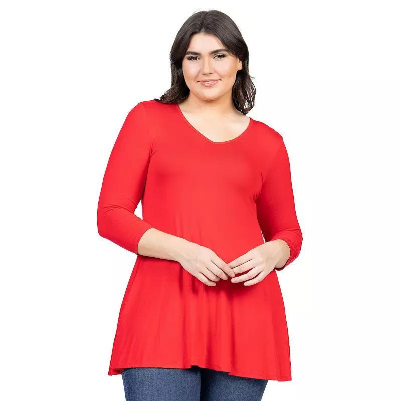 Plus Size 24Seven Comfort Apparel Quarter Sleeve V-Neck Tunic Top, Womens Green Product Image