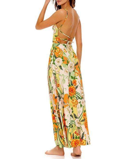 Agua Bendita Arista Floral Knit Print Square Neck Sleeveless Tie Back Maxi Dress Product Image