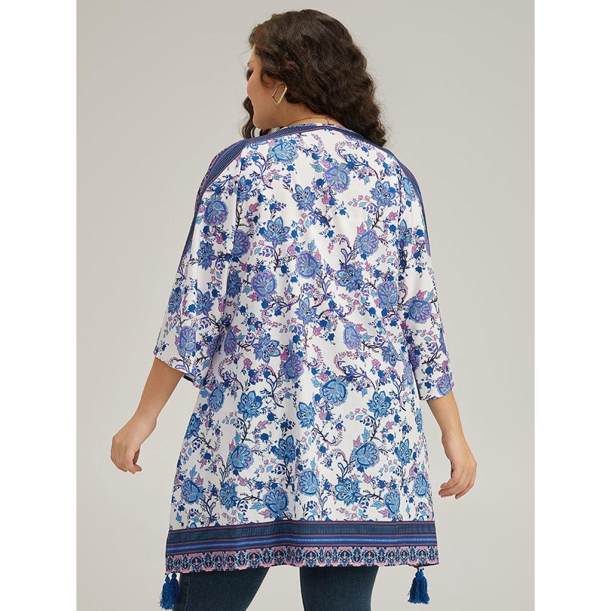 Plus Size Floral Print Tassels Trim Split Side Kimono Women Cerulean Casual Drape Pocket Dailywear Kimonos BloomChic 22-24/3X Product Image