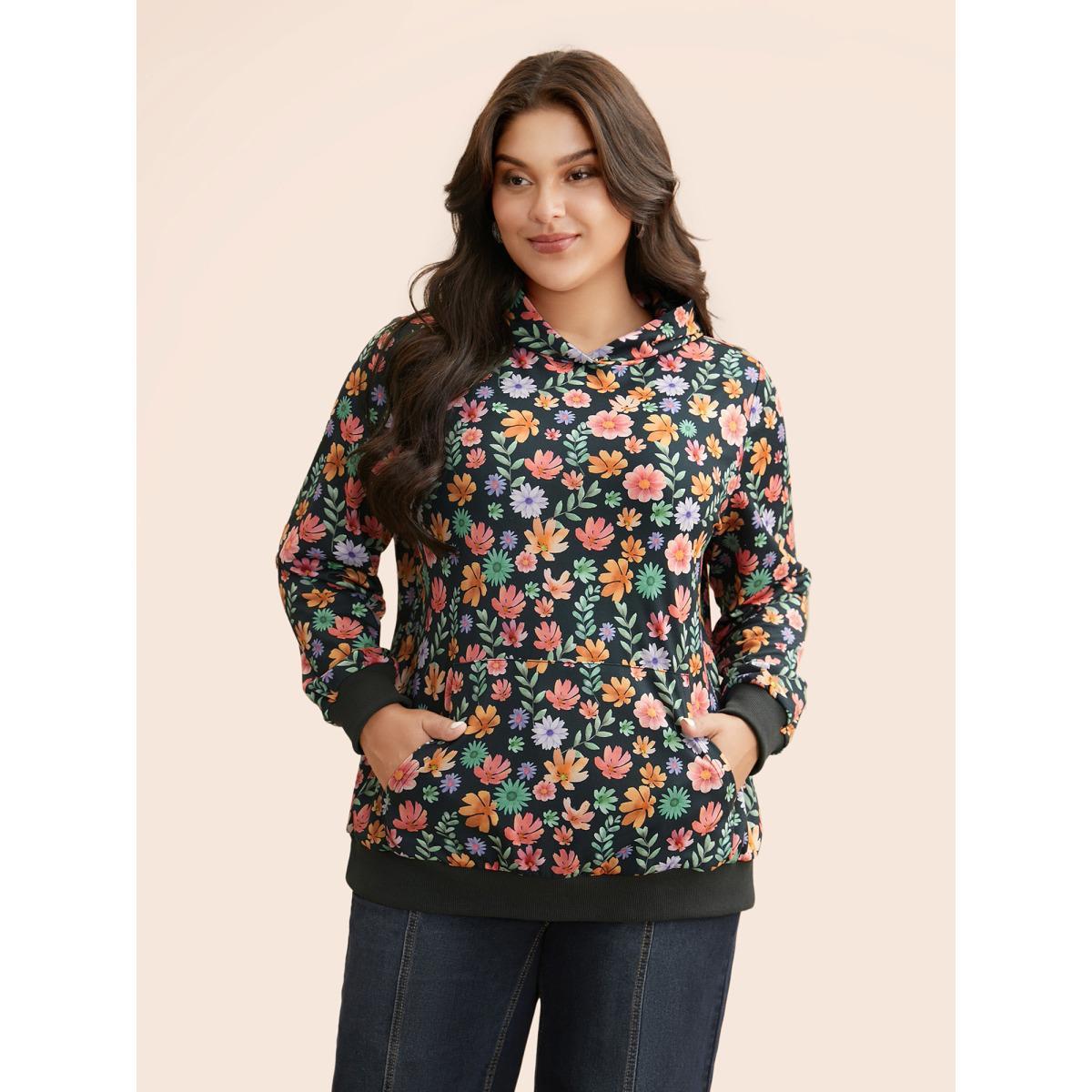 Plus Size Floral Patchwork Pocket Hooded Sweatshirt Women Multicolor Casual Contrast Hooded Everyday Sweatshirts BloomChic 28/5X Product Image