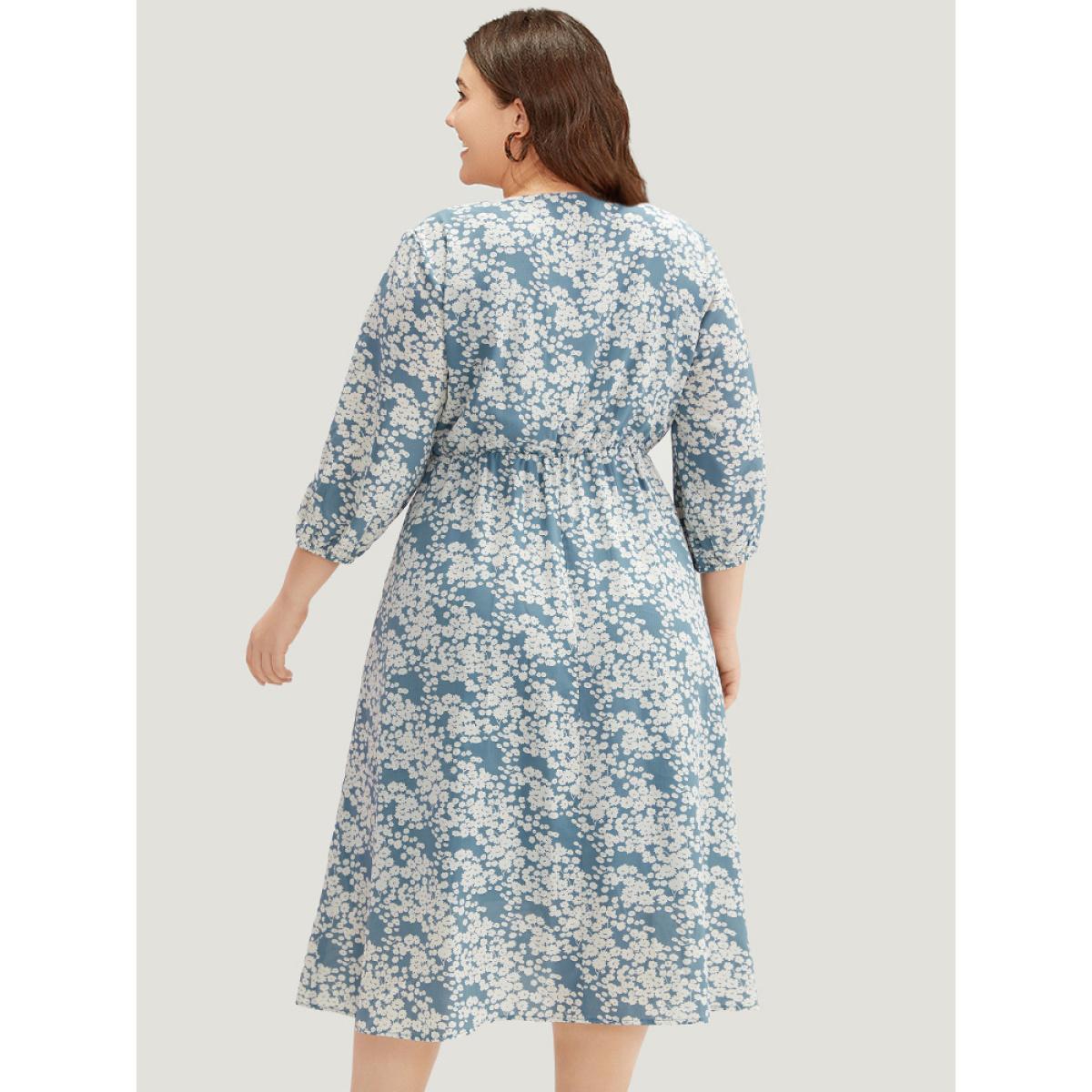 Plus Size Ditsy Floral Pleated Detail Lantern Sleeve Dress LightBlue Women Elegant Elastic cuffs V-neck Elbow-length sleeve Curvy Midi Dress BloomChic 12/L Product Image