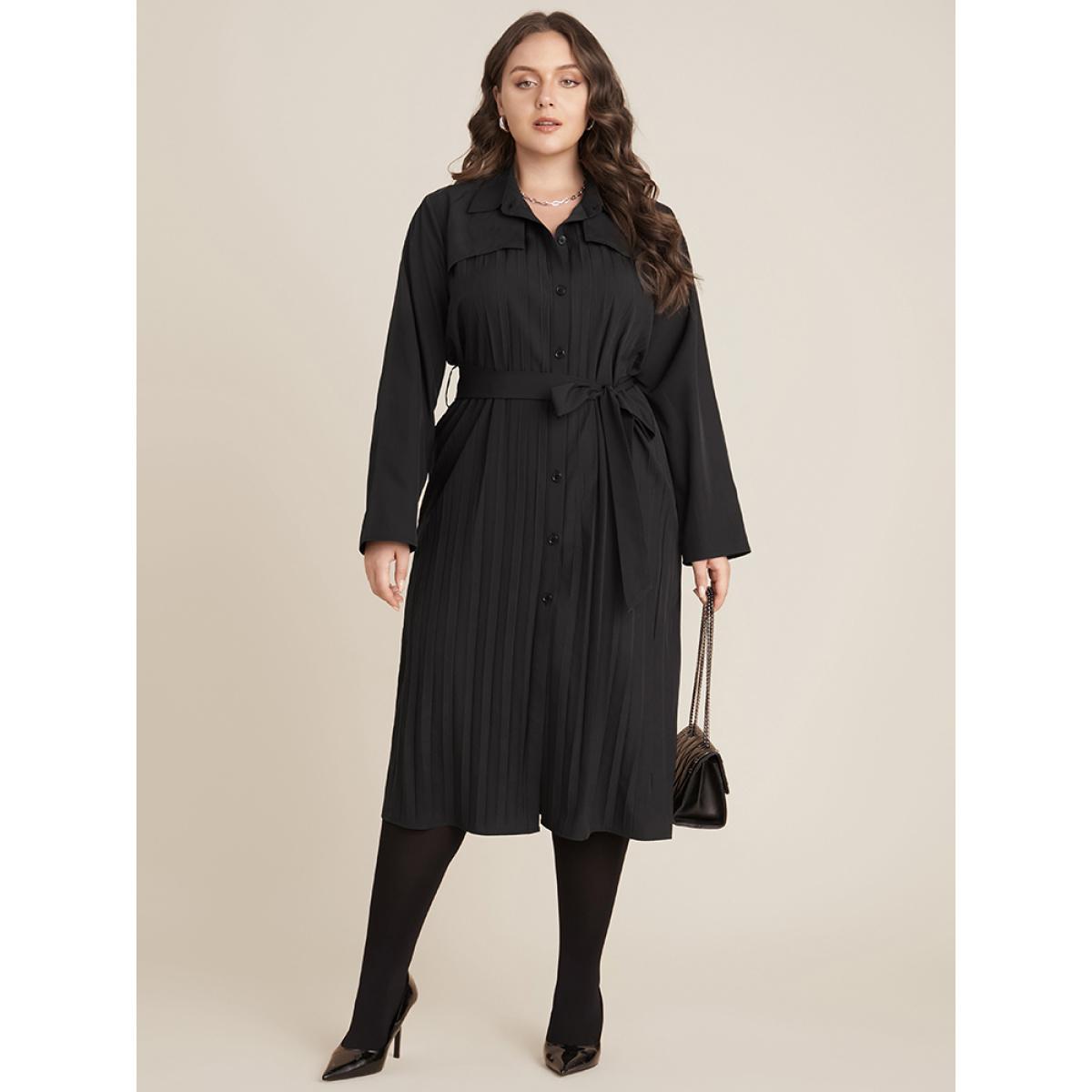 Plus Size Solid Belted Pleated Shirt Collar Dress Black Women Office Belted Shirt collar Long Sleeve Curvy Midi Dress BloomChic 12/L Product Image
