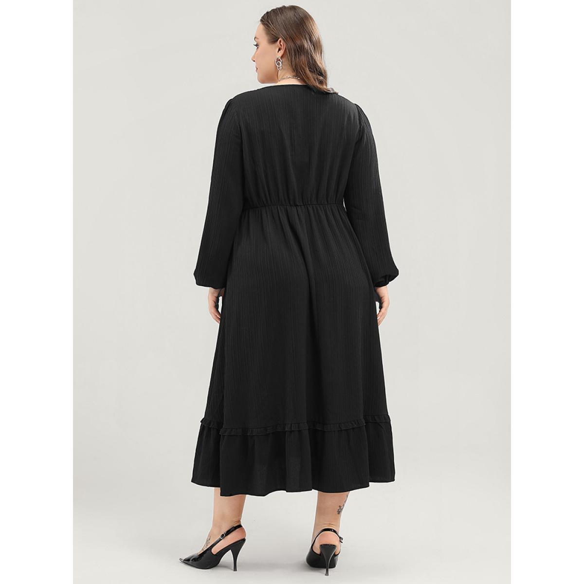 Plus Size Solid Lantern Sleeve Pocket Textured Ties Up Flutter Dress Black Women Office V-neck Long Sleeve Curvy Midi Dress BloomChic 14-16/1X Product Image