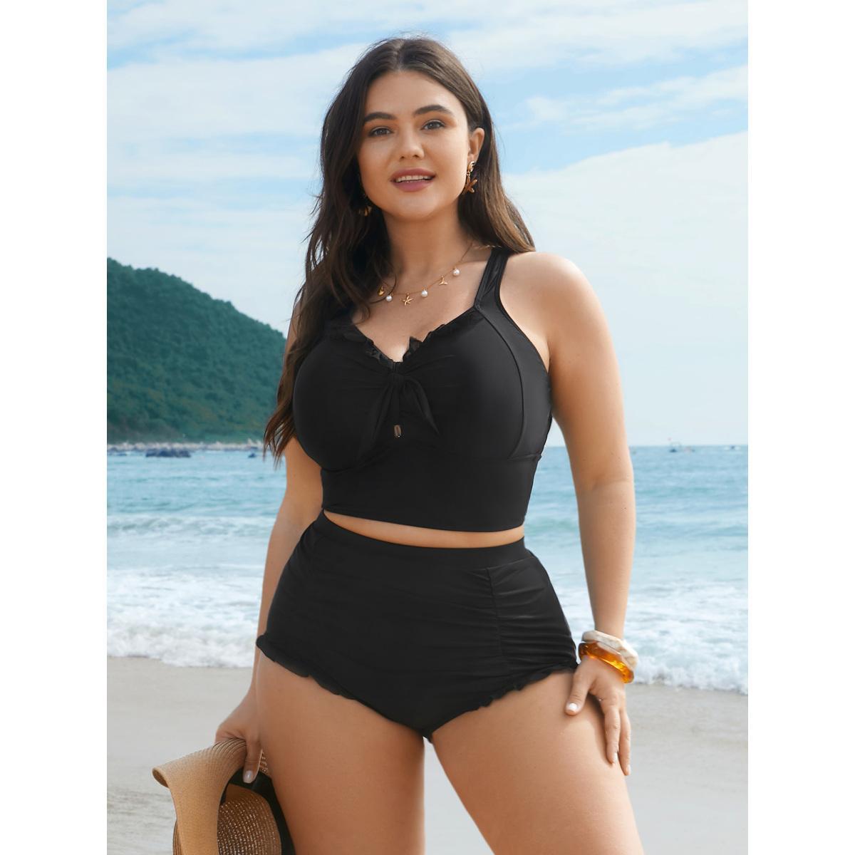 Plus Size Ruched Mesh Seamed Ruffle Trim Swim Bottoms Women's Swimwear Aegean Beach Gathered High stretch Skinny High Rise Curve Swim Bottoms BloomChic 12/L Product Image