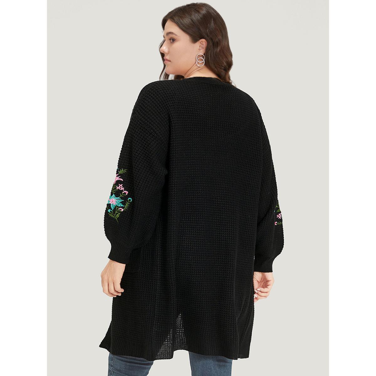 Plus Size Plants Embroidered Lantern Sleeve Open Front Cardigan Black Women Casual Loose Long Sleeve Dailywear Cardigans BloomChic 14-16/1X Product Image