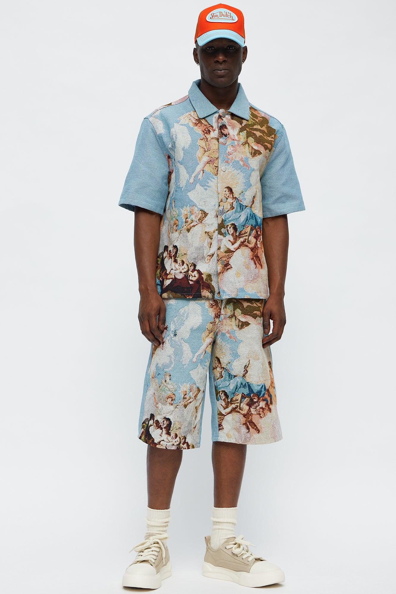 Angels Tapestry Button Up Shirt - Blue/combo Male Product Image