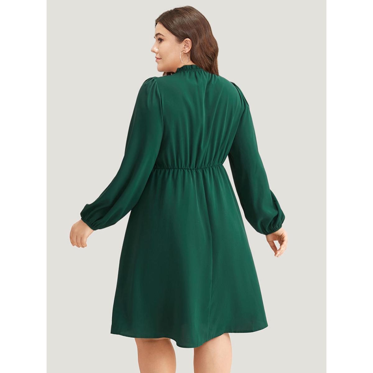 Plus Size Anti-Wrinkle Frill Trim Elastic Cuffs Dress DarkGreen Women Office Elastic cuffs Mock Neck Long Sleeve Curvy Midi Dress BloomChic 26/4X Product Image