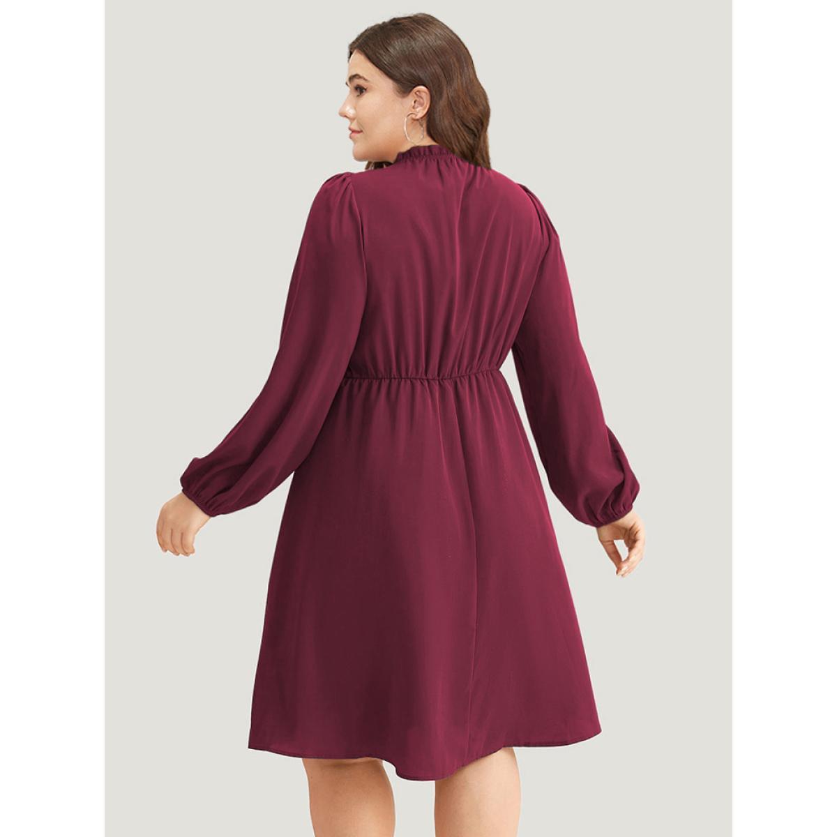 Plus Size Anti-Wrinkle Frill Trim Elastic Cuffs Dress DarkGreen Women Office Elastic cuffs Mock Neck Long Sleeve Curvy Midi Dress BloomChic 26/4X Product Image