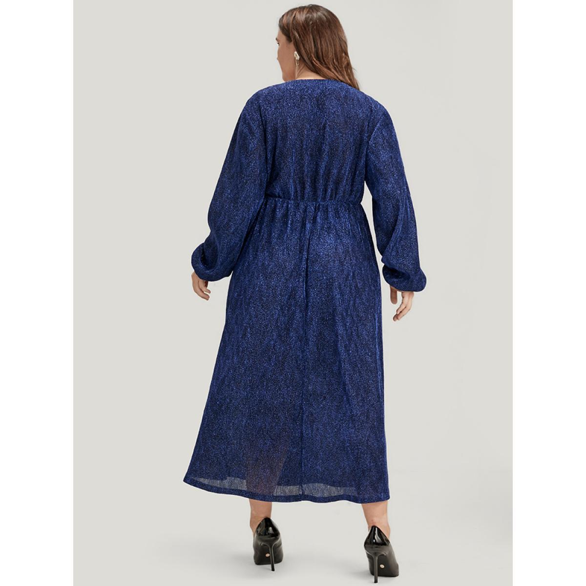 Plus Size Solid Lantern Sleeve Sequin Split Hem Dress DarkBlue Women Party Elastic Waist V-neck Long Sleeve Curvy Midi Dress BloomChic 18-20/2X Product Image