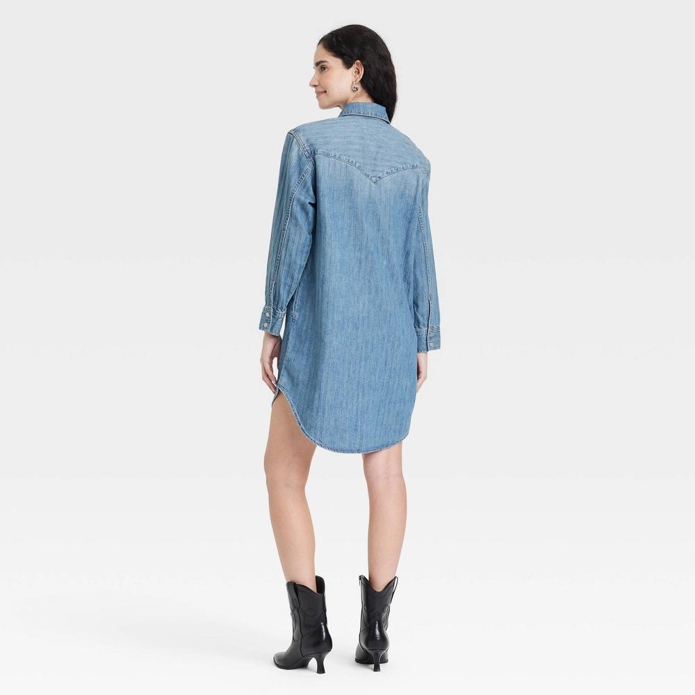 Women's Western Shirtdress - Universal Thread™ Medium Wash XS: Cotton Blend, Denim, Long Sleeve, Collared, Mini Length Product Image
