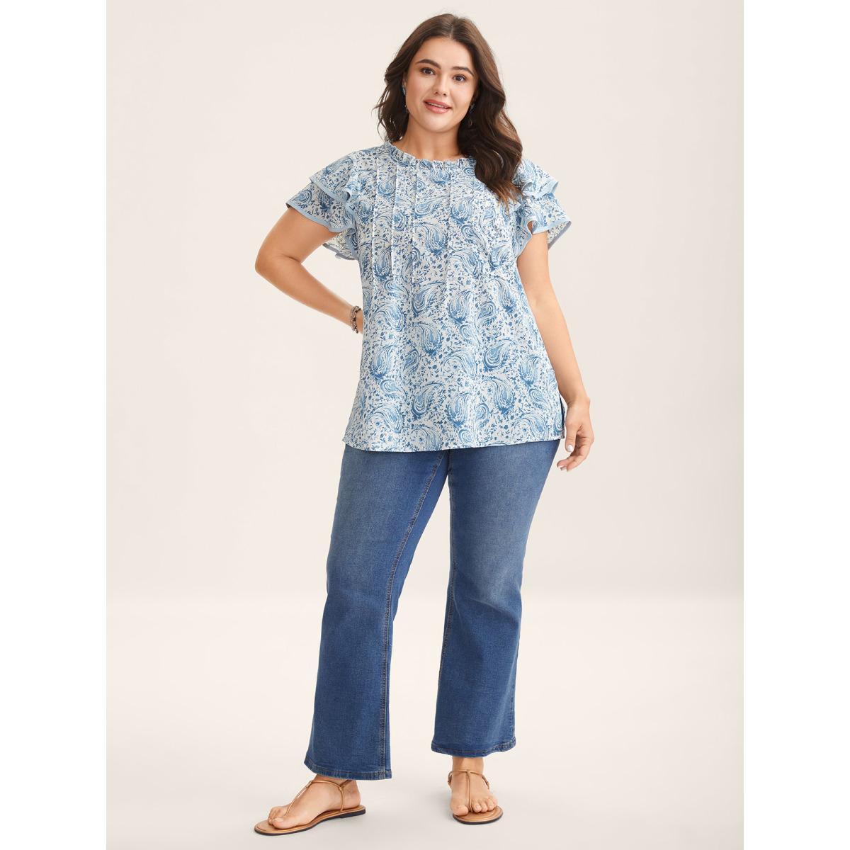 Plus Size LightBlue Paisley Print Ruffled Layered Sleeve Blouse Women Cap Sleeve Round Neck Vacation Blouses BloomChic 22-24/3X Product Image