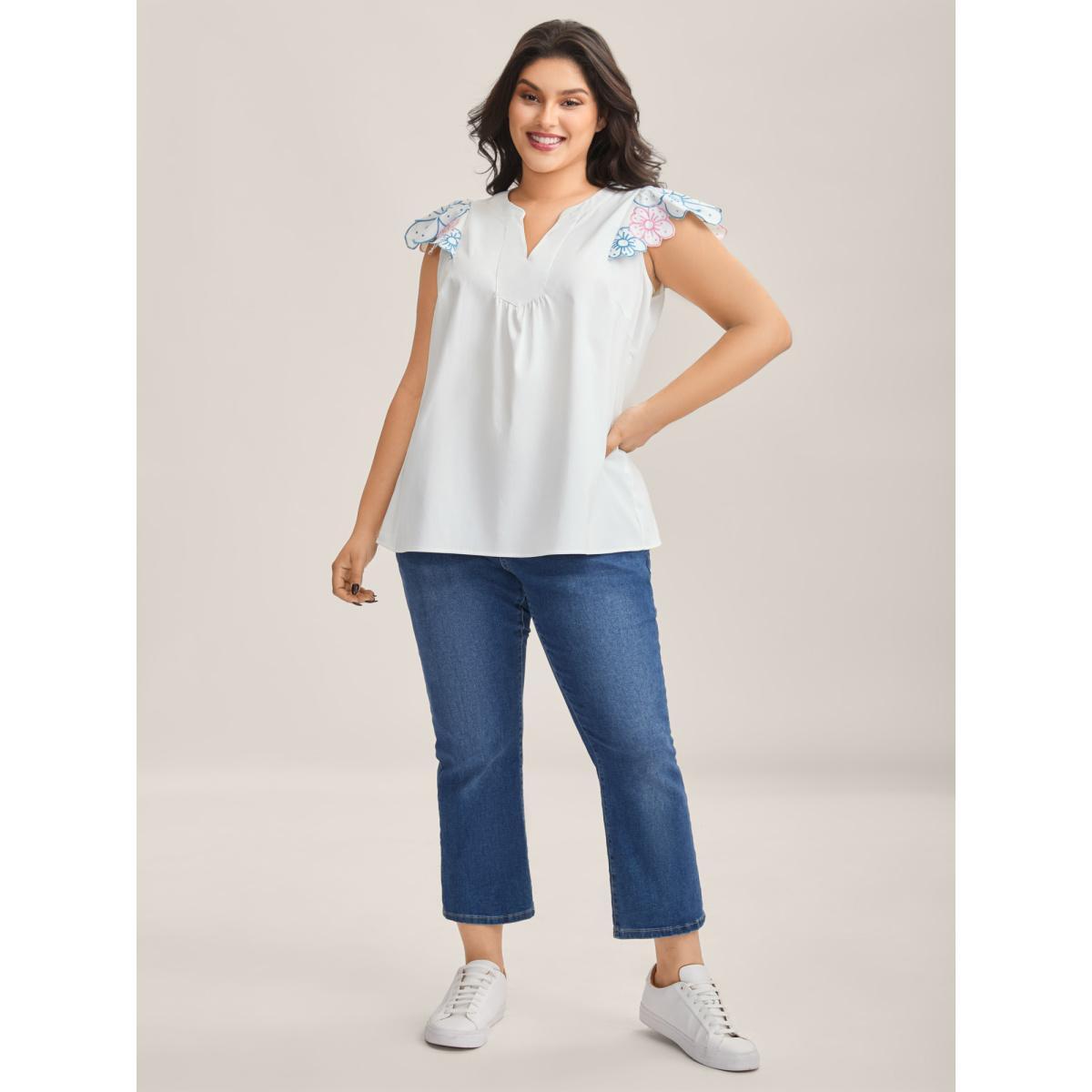 Plus Size Originalwhite Floral Lotus Leaf Sleeve Split Neck Blouse Women Cap Sleeve Notched collar Everyday-Casual Blouses BloomChic 22-24/3X Product Image