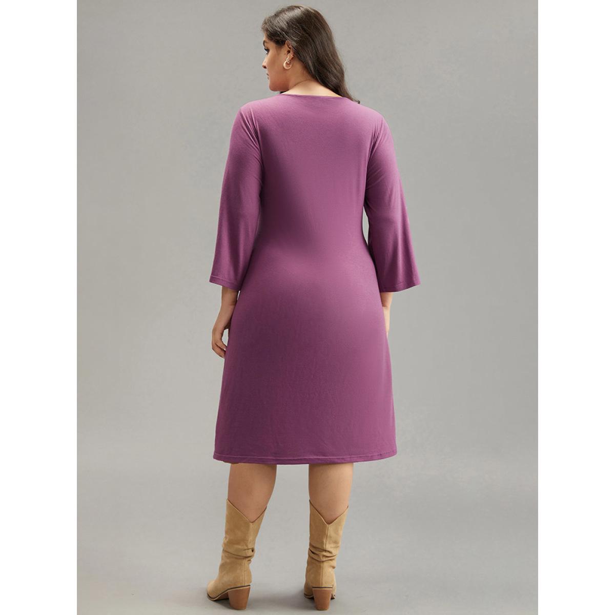 Plus Size Solid Ties Knot Round Neck Dress Mauve Women Basics Plain Round Neck Long Sleeve Curvy Midi Dress BloomChic 30/6X Product Image