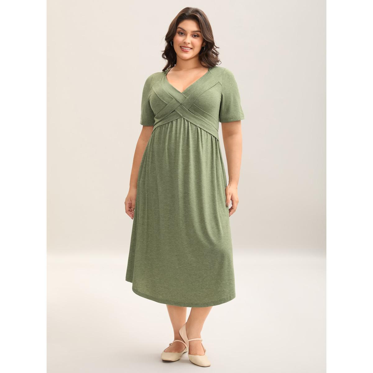 Plus Size Crossover Bodice Stretchy Heather Midi Dress Sage Women Knit Dresses Bloomchic 18-20/2X Product Image
