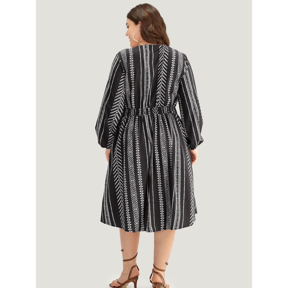 Plus Size Striped Boho Print Shirred Split Hem Dress Black Women Resort Elastic cuffs Notched collar Long Sleeve Curvy Midi Dress BloomChic 30/6X Product Image