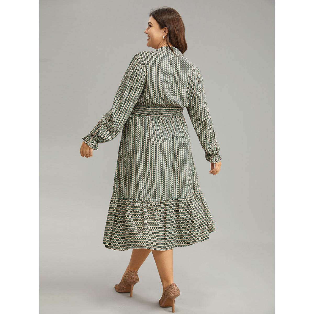 Plus Size Striped Geometric Bowknot Keyhole Shirred Dress Mint Women Work From Home Cross straps Shirt collar Long Sleeve Curvy Midi Dress BloomChic 10/M Product Image