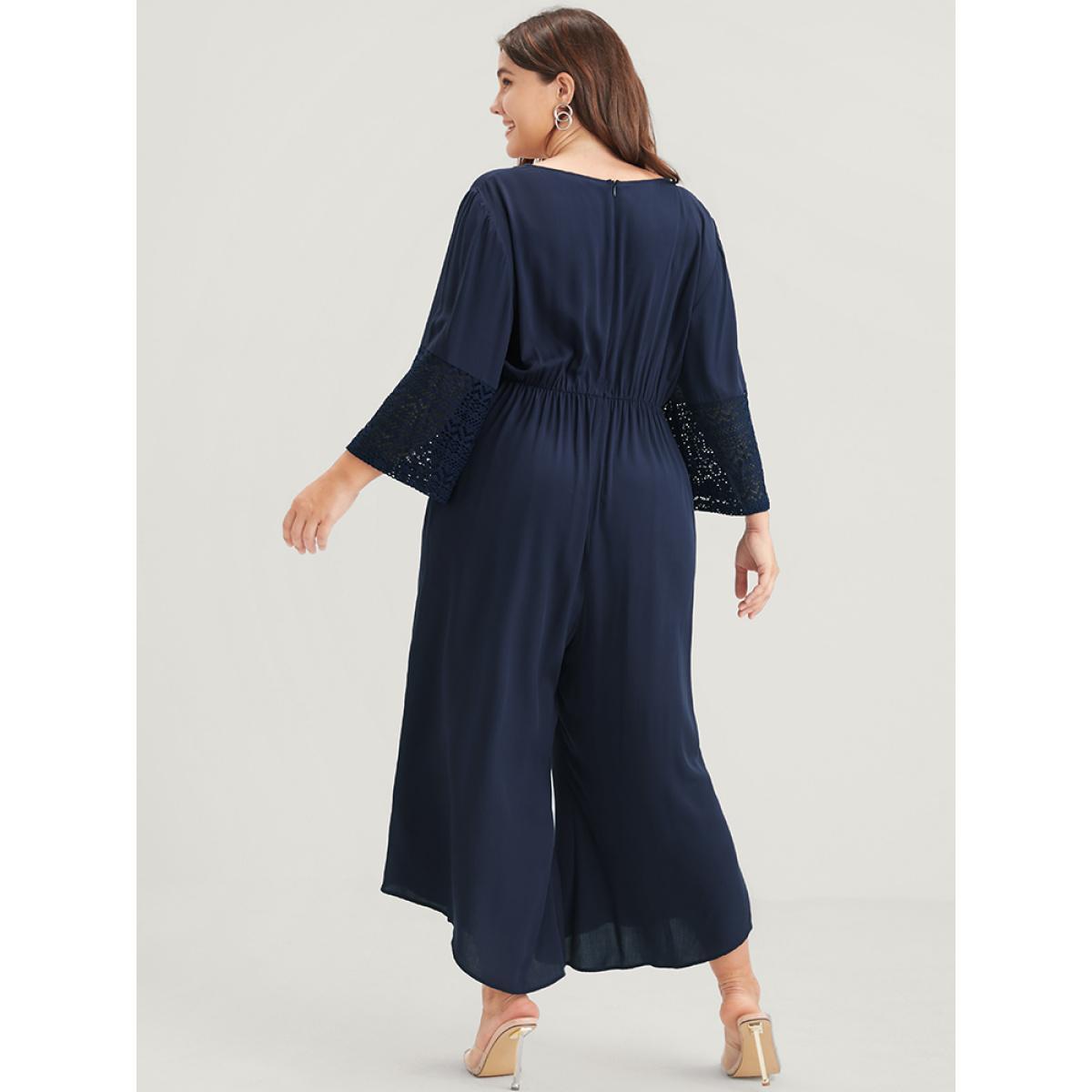 Plus Size Navy Solid Bell Sleeve Pocket Tie Contrast Lace Wrap Jumpsuit Women Elegant Elbow-length sleeve V-neck Dailywear Loose Jumpsuits BloomChic 18-20/2X Product Image
