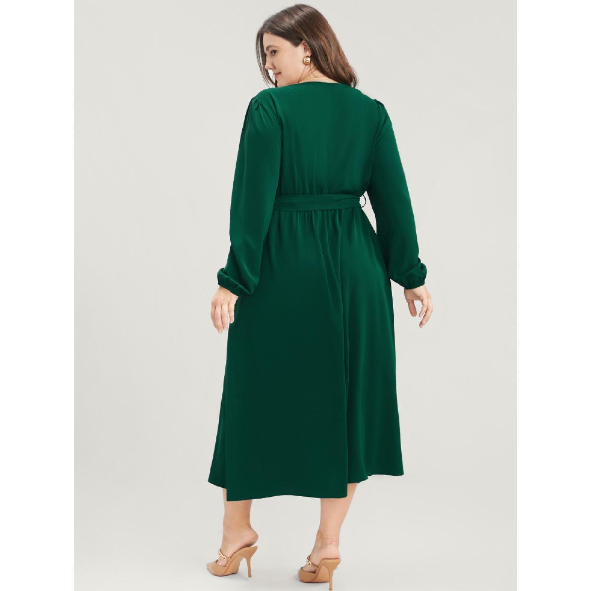 Plus Size Solid V Neck Pocket Belted Lantern Sleeve Midi Dress DarkGreen Women Elegant Belted V-neck Long Sleeve Curvy Midi Dress BloomChic 14-16/1X Product Image