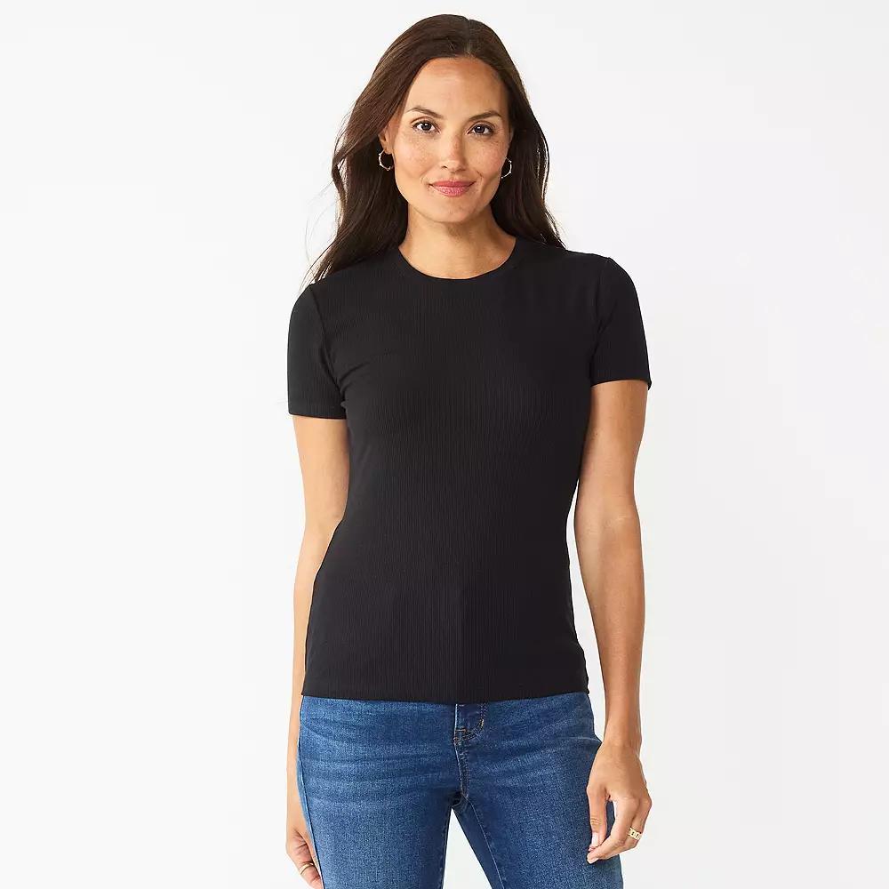 Women's Nine West Fitted Ribbed Crewneck Top, Size: XL, Mineral Black Product Image