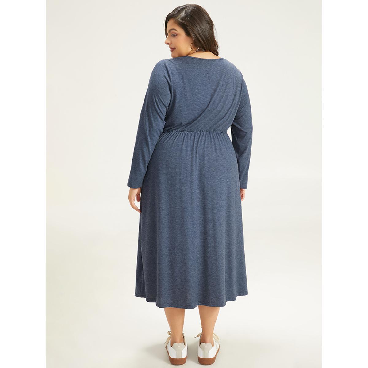 Plus Size Plain Crew Neck Twist Front Split Hem Dress Indigo Women Casual Plain Round Neck Long Sleeve Curvy Midi Dress BloomChic 10/M Product Image
