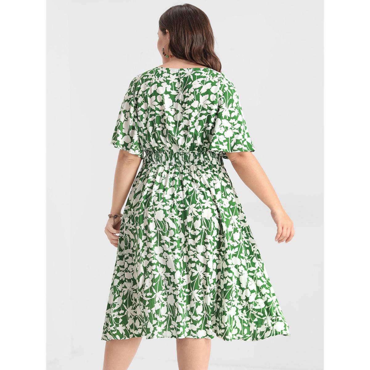 Plus Size Ditsy Floral Shirred Button Ruffles Knee Dress LightGreen Women Elegant Printed V-neck Short sleeve Curvy Knee Dress BloomChic 12/L Product Image