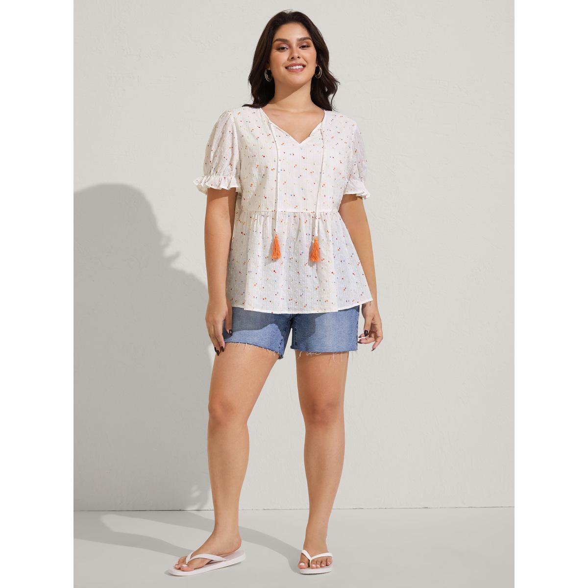 Plus Size Beige Cotton Colorful Embroidered Tassels Solid Blouse Women Short sleeve V-neck Vacation Blouses BloomChic 18-20/2X Product Image